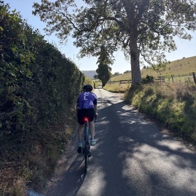 A UCL rider in club kit on a sunlit country lane, from behind